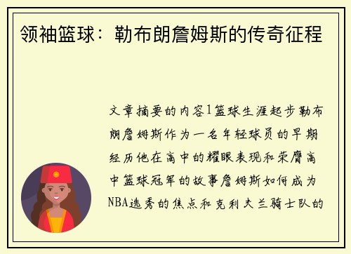 领袖篮球：勒布朗詹姆斯的传奇征程