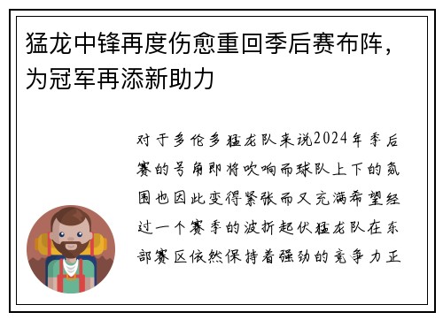 猛龙中锋再度伤愈重回季后赛布阵，为冠军再添新助力